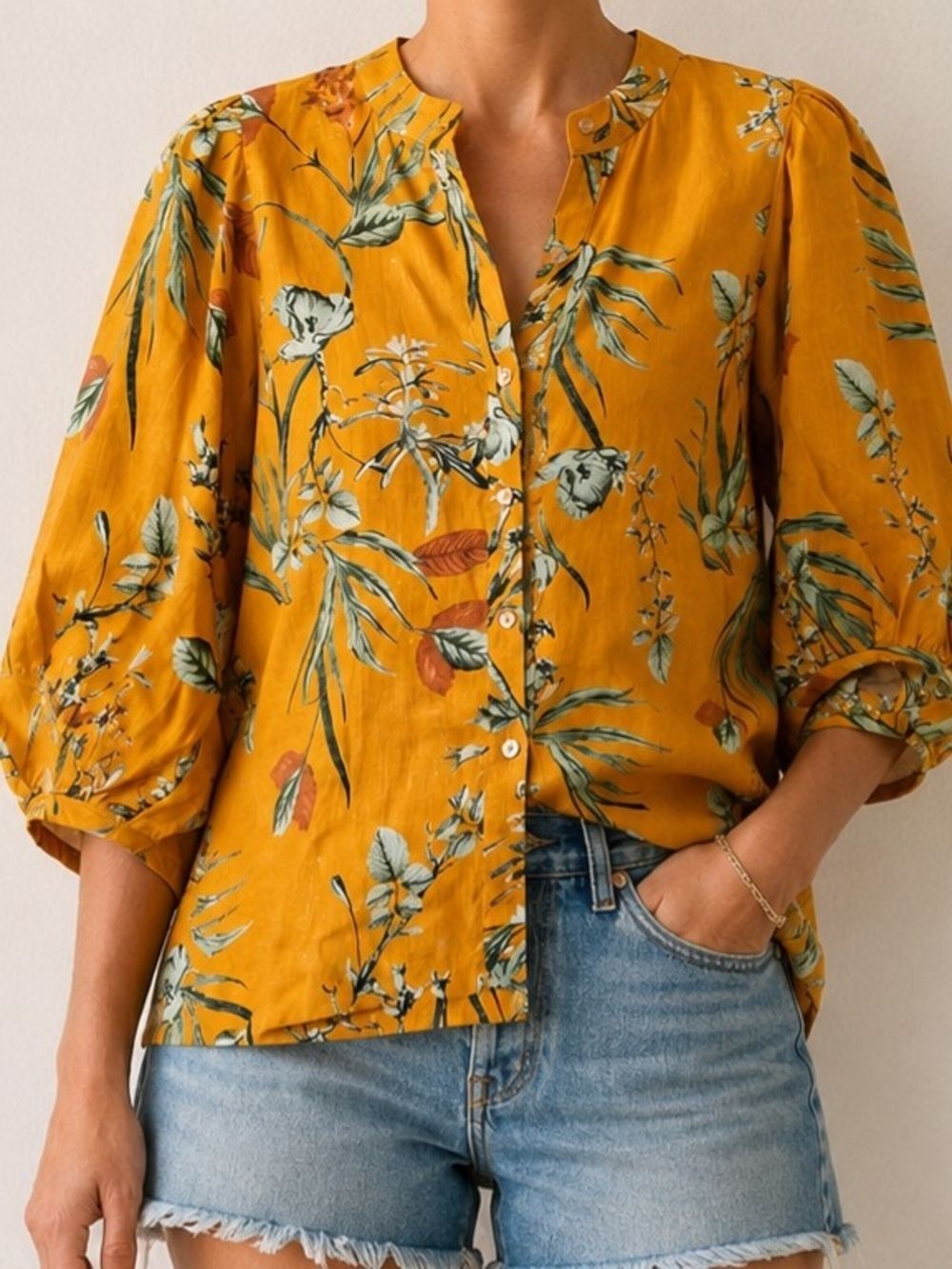 Lanthropy 100% Linen Floral Blouse Sz M Mustard Yellow Puff Sleeve Boho